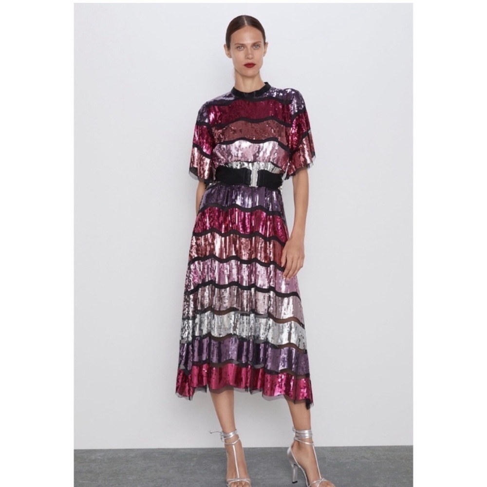 NWT ZARA Limited Edition Rare Sequin Striped Belted Midi Dress Sz S